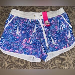 NWT Lilly Pulitzer L Large Trysta knit shorts Boca Blue Sailboats Sailabration